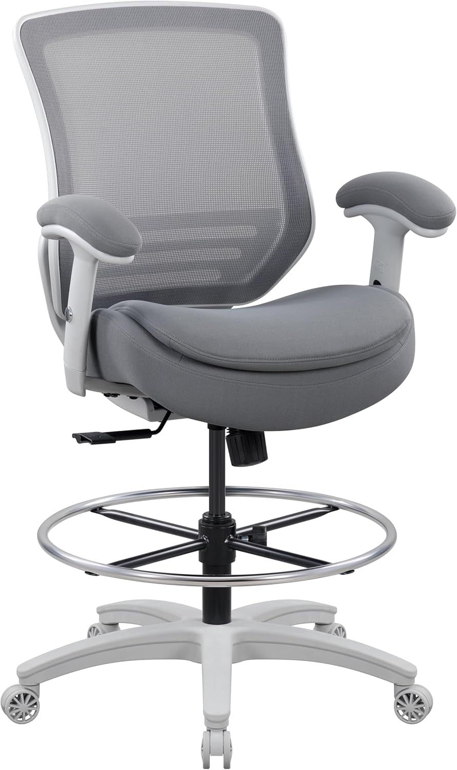 400Lbs Mid Back Mesh Ergonomic Office Drafting Chair Big Adjustable Foot Ring Height Adjustable Armrest (Grey)