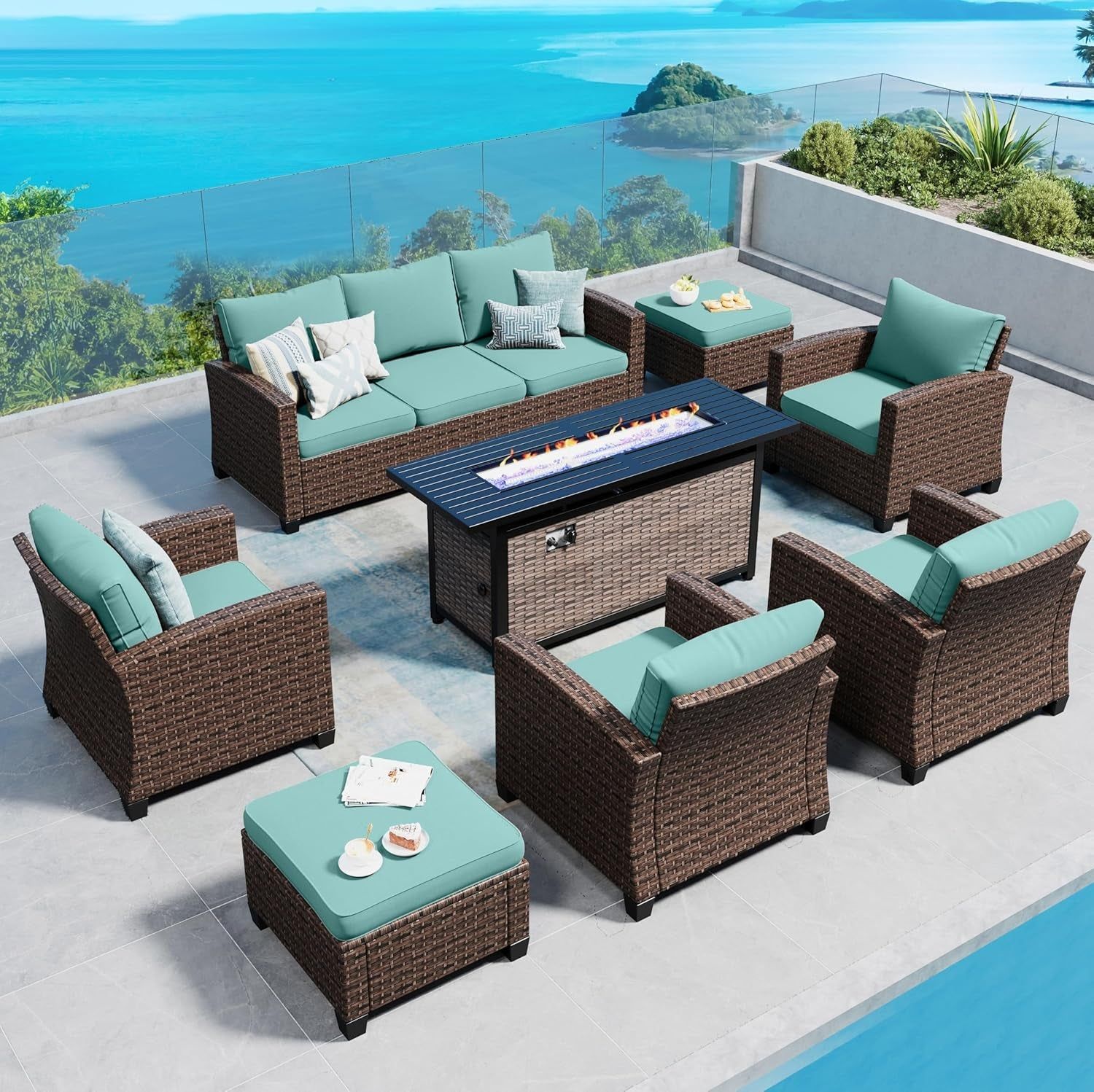 Patio Furniture Set Outdoor Furniture Brown Wicker Rattan Patio Conversation Sets with Cushion outside Sofa Set,7 Pieces with Rectangular Firepit Table,9 Seats,Blue