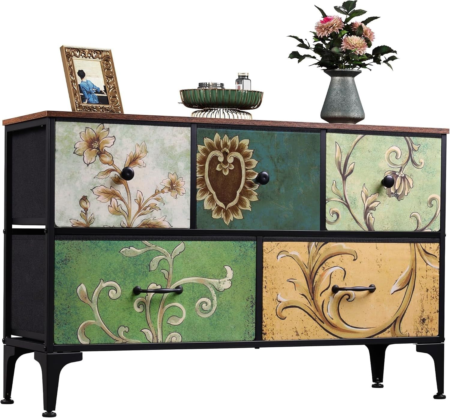 Dresser for Bedroom with 5 Drawers, Wide Chest of Drawers, Fabric Dresser, Storage Organizer Unit with Fabric Bins for Closet, Living Room, Hallway, Floral Painted