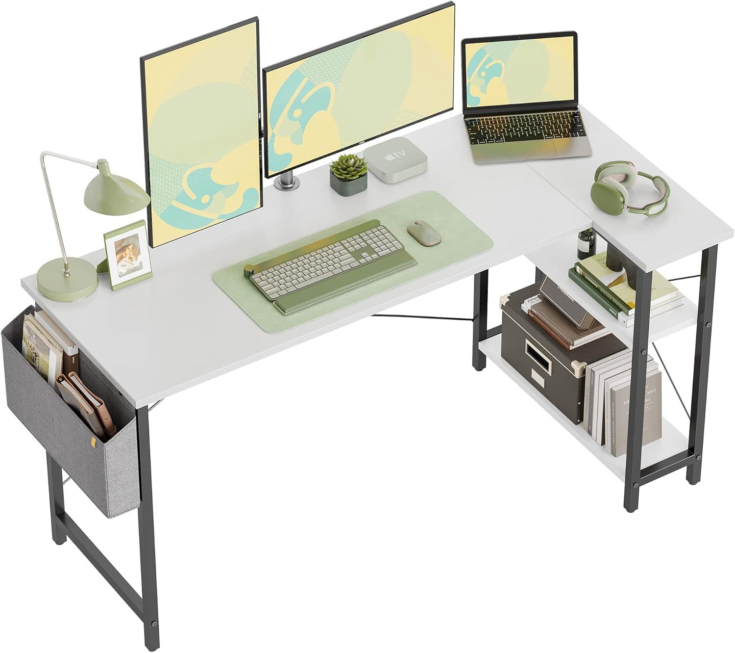 55 Inch Small L Shaped Computer Desk with Storage Shelves Home Office Corner Desk Study Writing Table, White