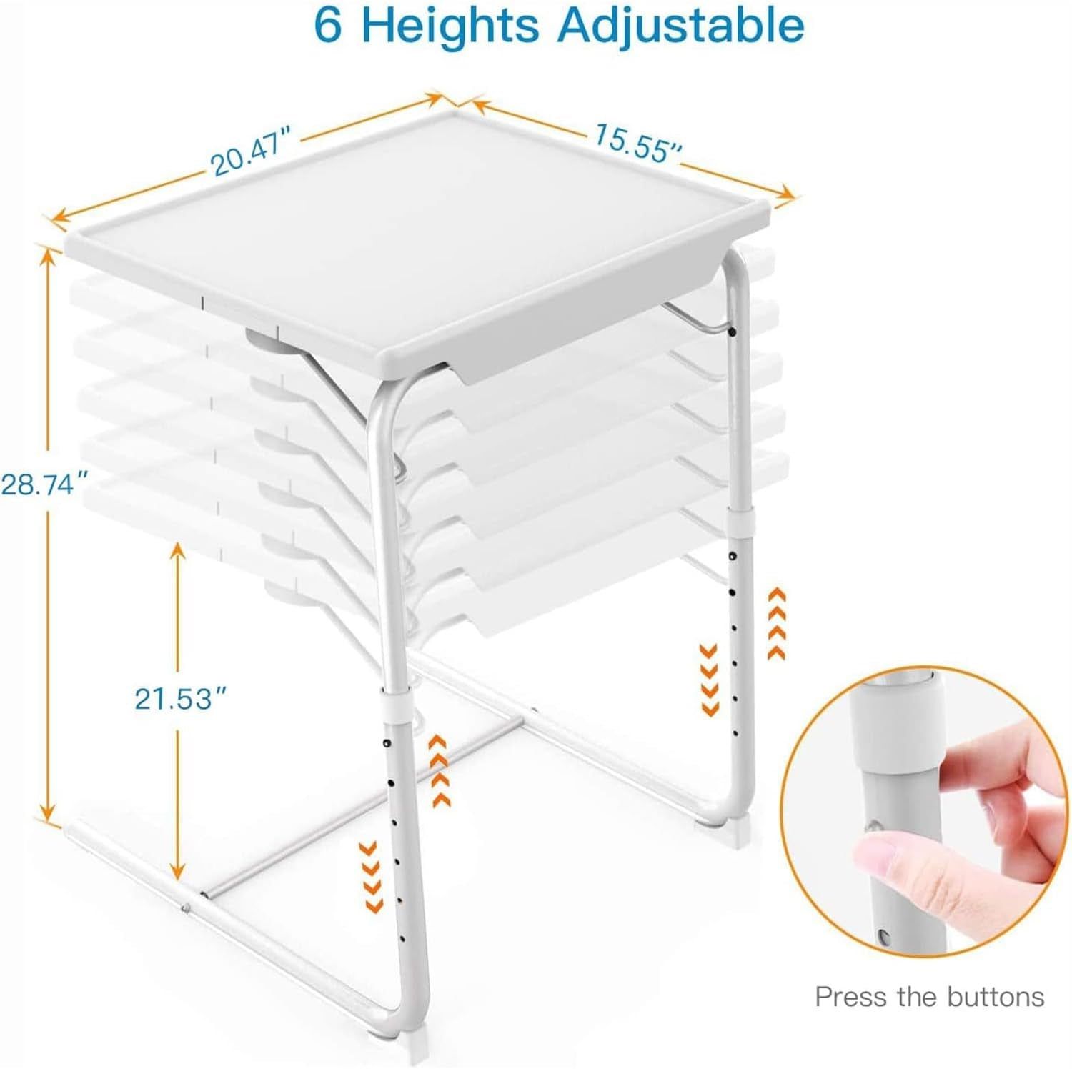 Adjustable TV Tray Table - TV Dinner Tray on Bed &amp; Sofa, Comfortable Folding Table with 6 Height &amp; 3 Tilt Angle Adjustments (White)