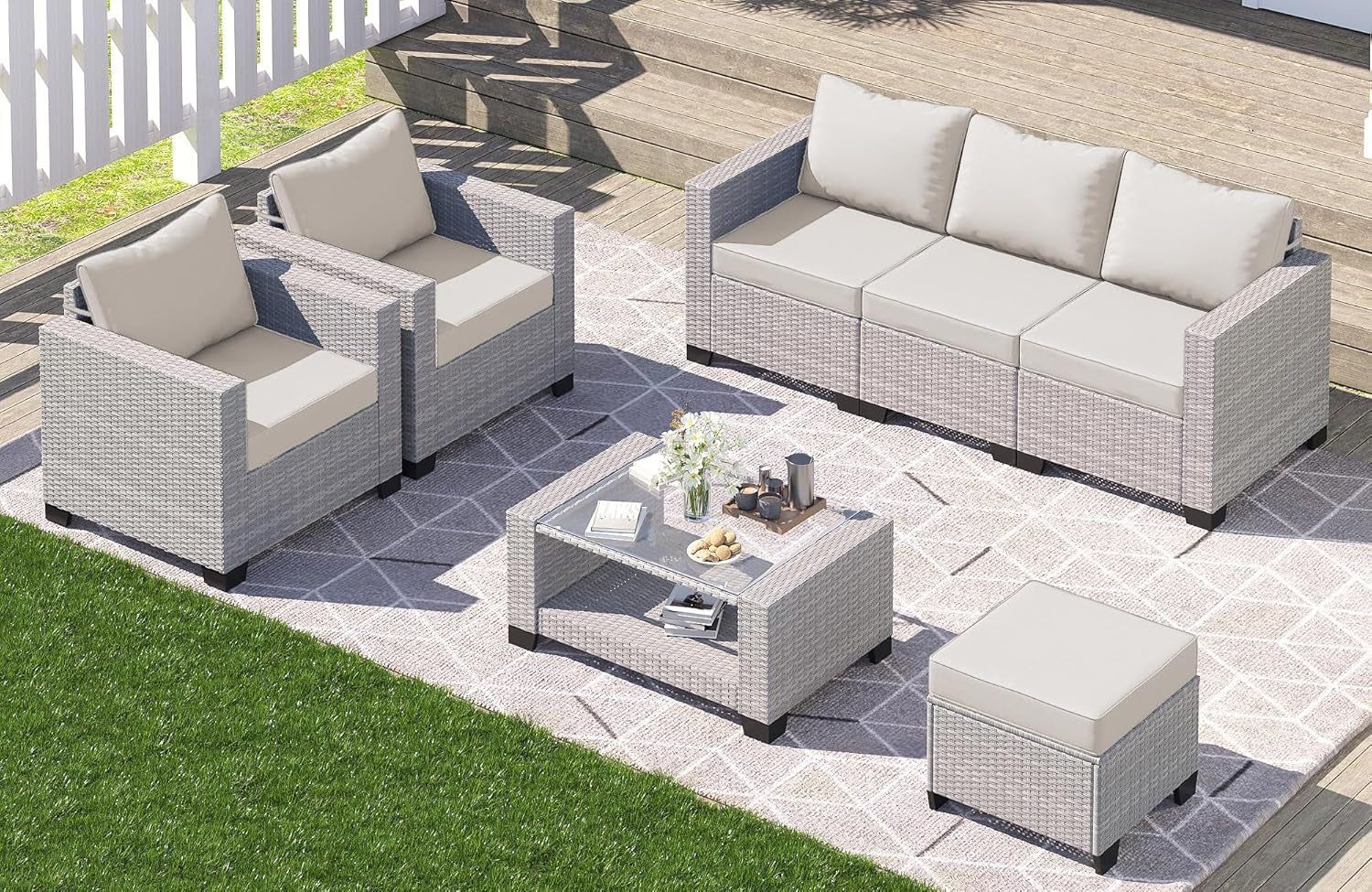 7 Piece Outdoor Patio Furniture Set, Outdoor Sectional Furniture, Rattan Chairs Glass Table Wicker Conversation Seating Sectional Sofa with Cushions (B-Grey White-Grey, B-7 Pieces-Tilted Back)