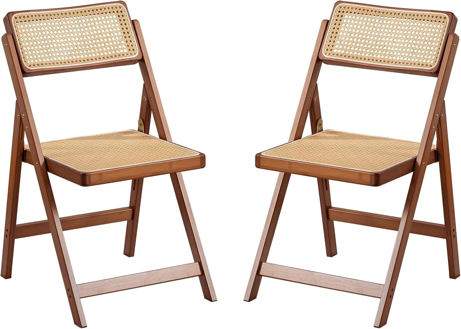 Rattan Folding Chairs, Modern Mid Century Dining Chairs Set of 2, Outdoor Bamboo Chairs for Bedroom Living Room Reading Room Dining Kitchen, Walnut
