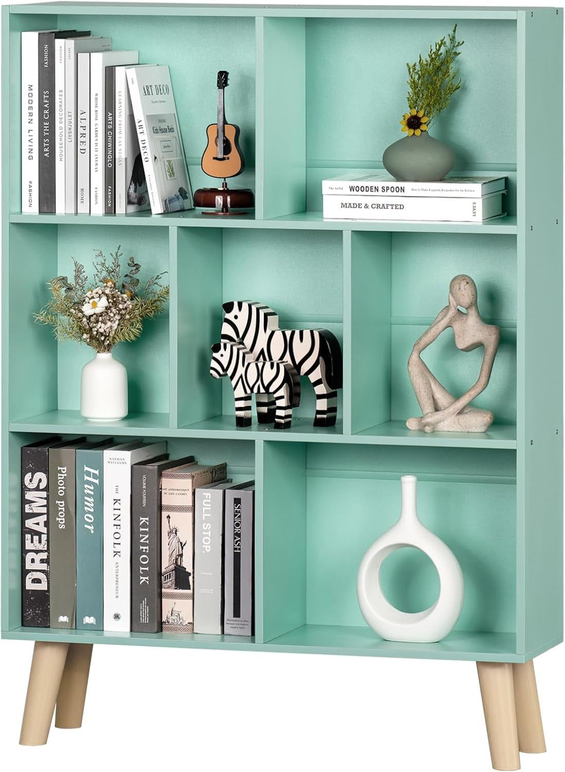 7 Cube Bookshelf 3-Tier Bookcase with Legs, Mint-Green Kids Book Shelf Cute Storage Organizer, Toy Shelves Bookshelves,Wood Display Bookcases
