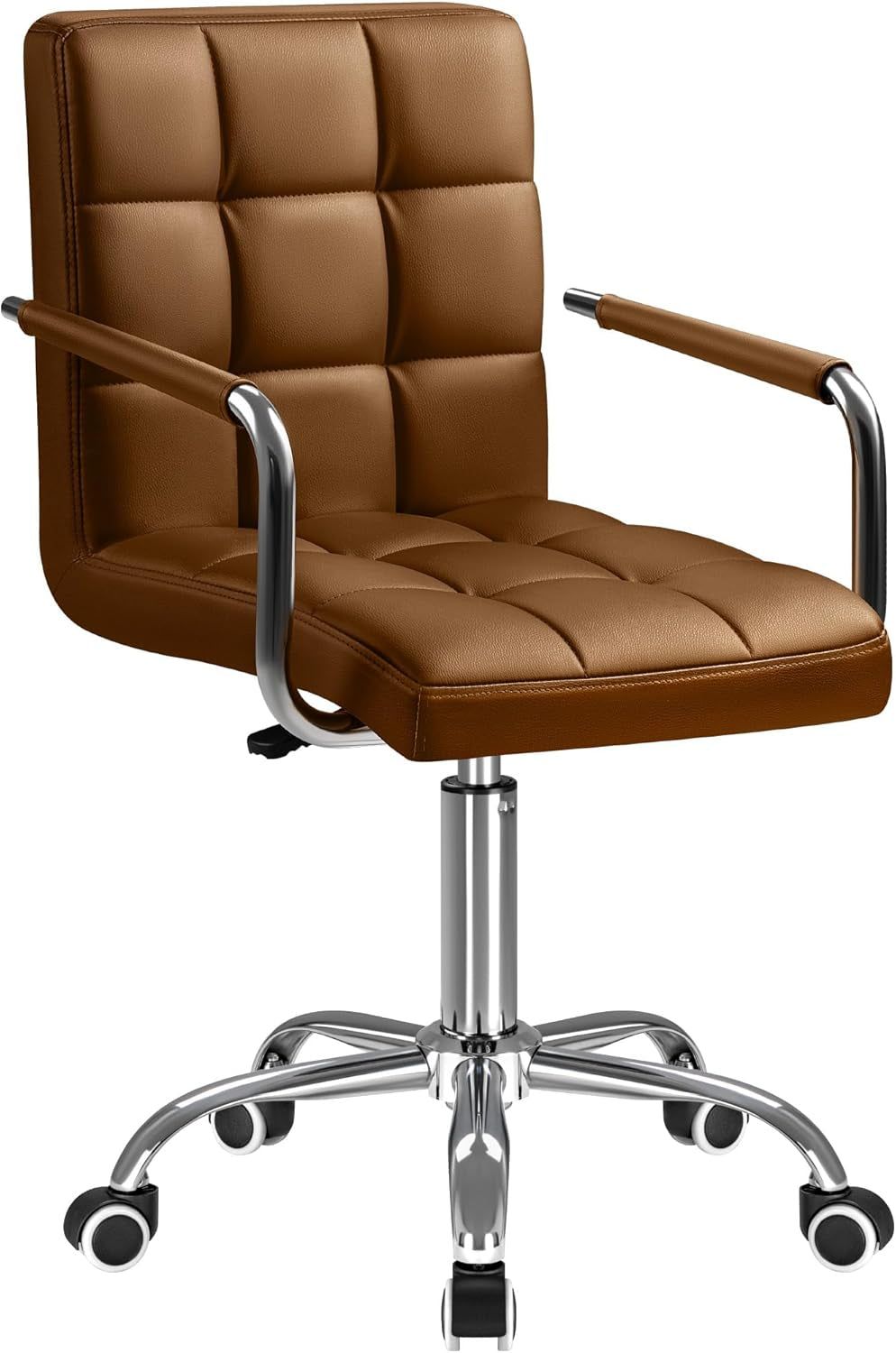 Mid-Back Office Task Chair Ribbed PU Leather Executive Chair Modern Adjustable Home Desk Chair Retro Comfortable Work Chair 360 Degree Swivel with Arms (Brown)
