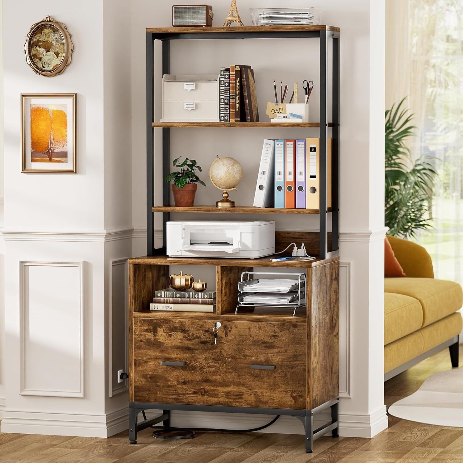 File Cabinet with Charging Station, Vertical Filing Cabinet with Lock &amp; Large Drawer, Printer Stand with Storage Shelves, Office Storage Cabinet Fits Letter/A4/Legal Size,Rustic Brown