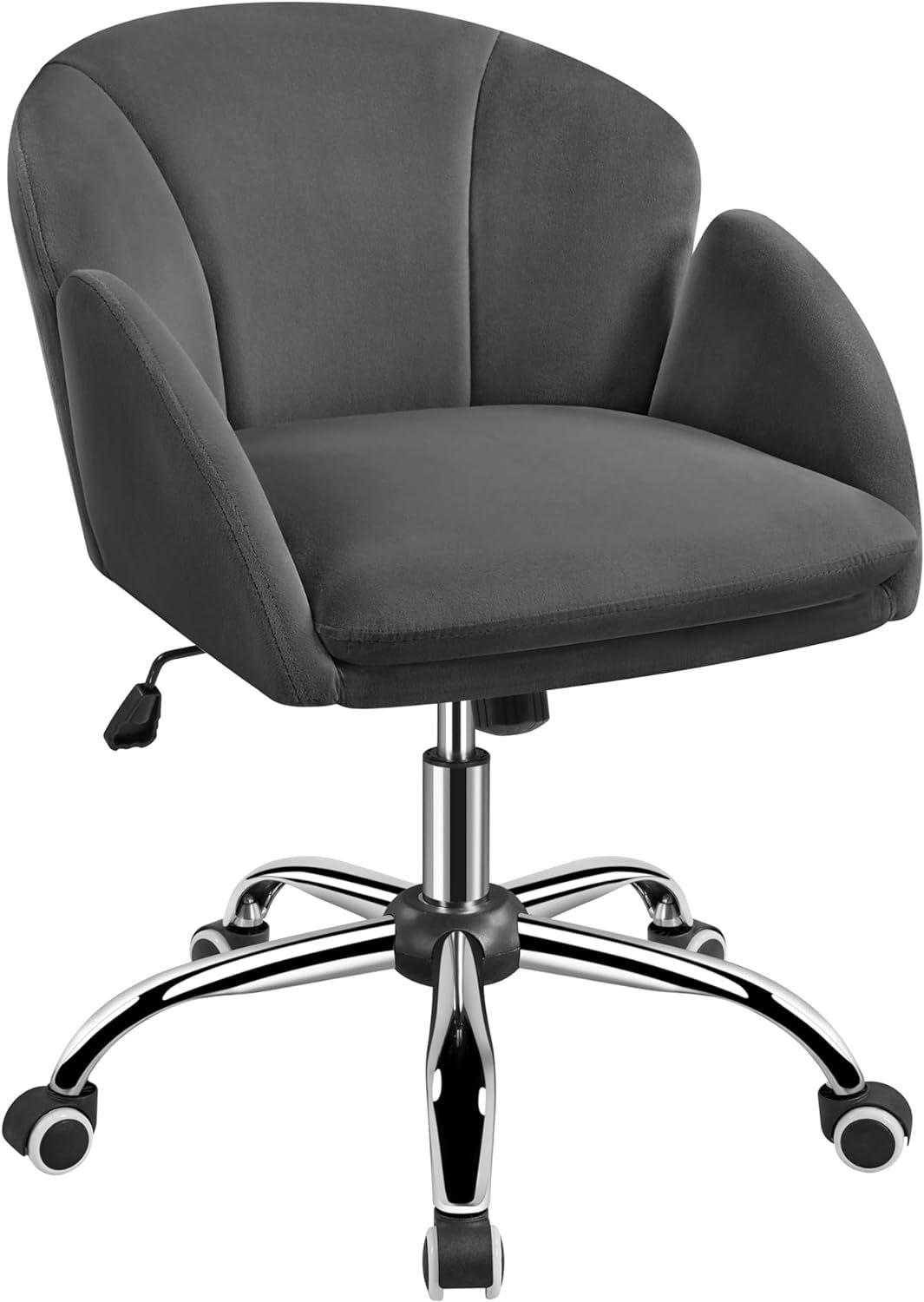 Cute Velvet Desk Chair for Home Office, Makeup Vanity Chair with Armrests for Bedroom Modern Swivel Rolling Chair for Women Dark Gray