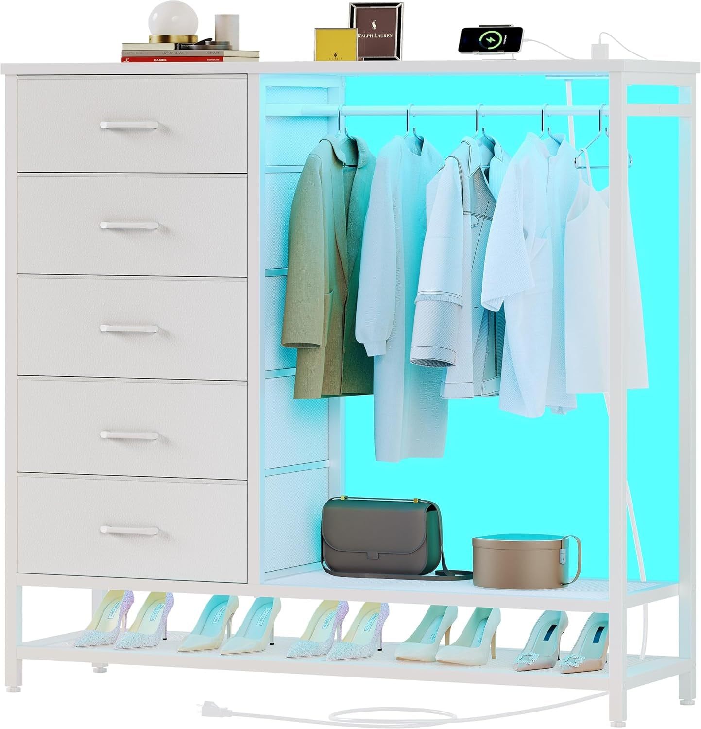 Dresser for Bedroom, Dresser with Hanging Rack Led Lights and Charging Station, White Bedroom Dresser with 5 Fabric Chest of Drawers with PU Finish Storage Organizer, for Living Room Kids Room, White