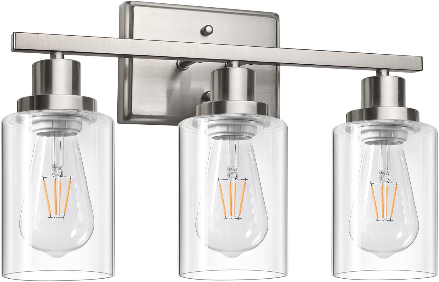 Bathroom Vanity Light Fixtures, 3 Light Wall Sconces Lighting with Clear Glass Shade, Brushed Nickel Wall Lights for Mirror, Kitchen, Living Room, Gallery, E26 Base (Bulbs Not Included)