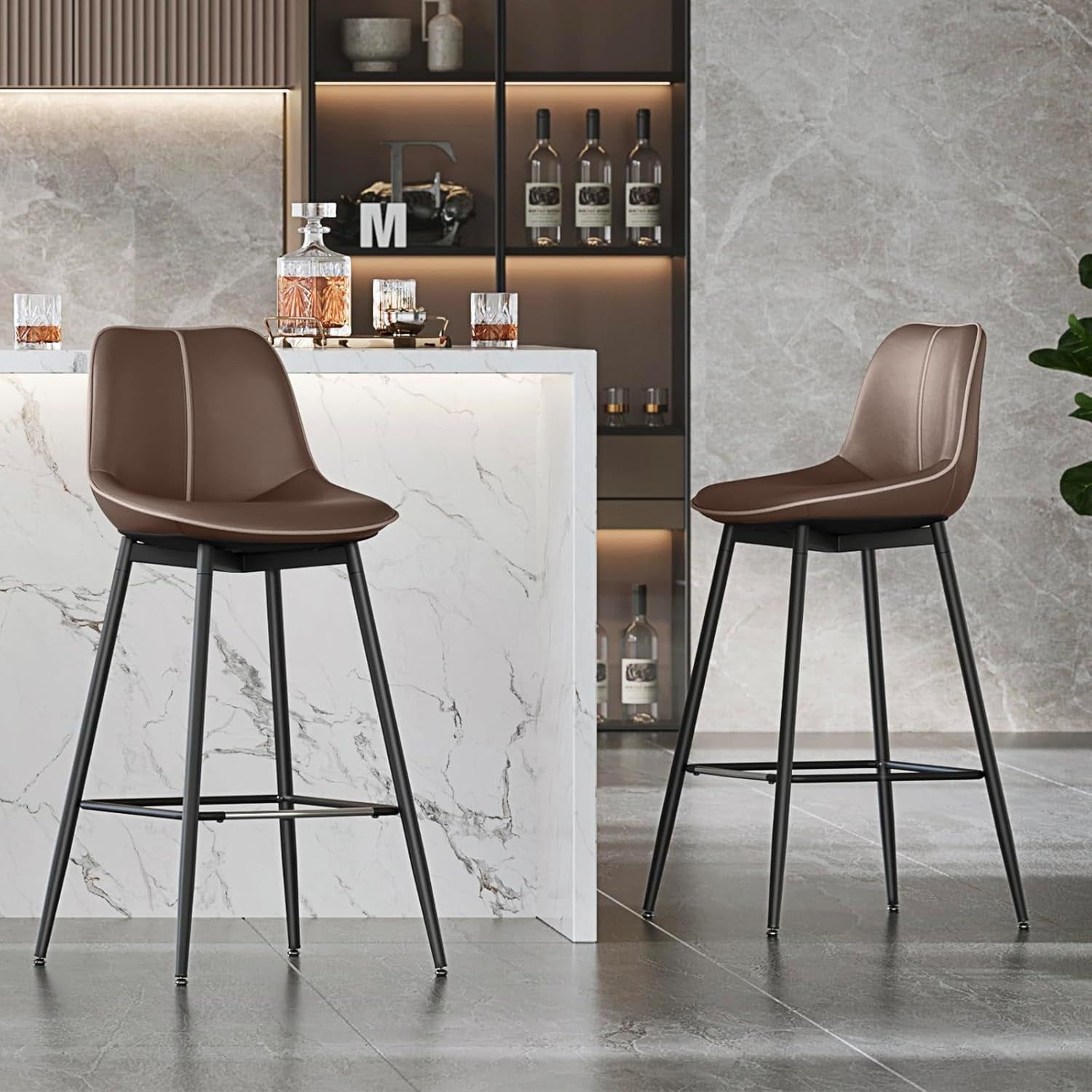 Bar Stools Set of 2, Bar Height Bar Stools with Back, Ergonomic Backrest, Synthetic Leather, Metal Legs, 28.7-Inch Tall Stools for Kitchen Island Home Bar, Coffee Brown ULBC888K02