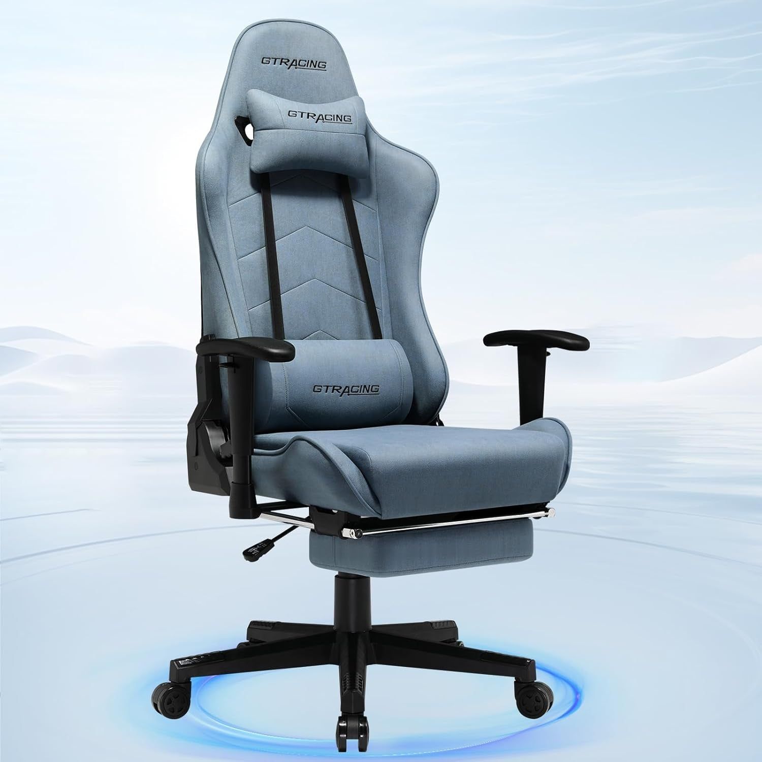 Gaming Chair Breathable Fabric, Racing Style Computer Chair for Adult, Adjustable Reclining Backrest and Lumbar Support, Stylish High Back Chair for Gaming and Office (Light Blue)