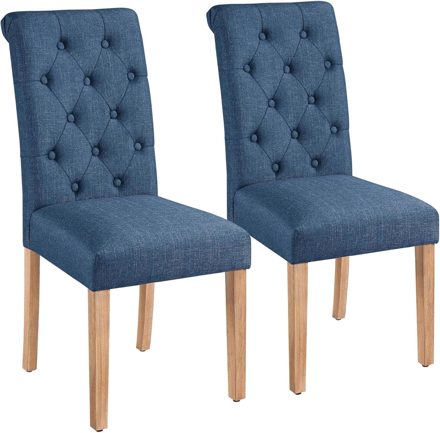 Dining Chairs Set of 2 Button Tufted Parsons Kitchen Chairs Upholstered Fabric Dining Room Chairs with Solid Wood Legs and Padded Seat for Dining Room, Kitchen, Restaurant, 1 Package, Blue