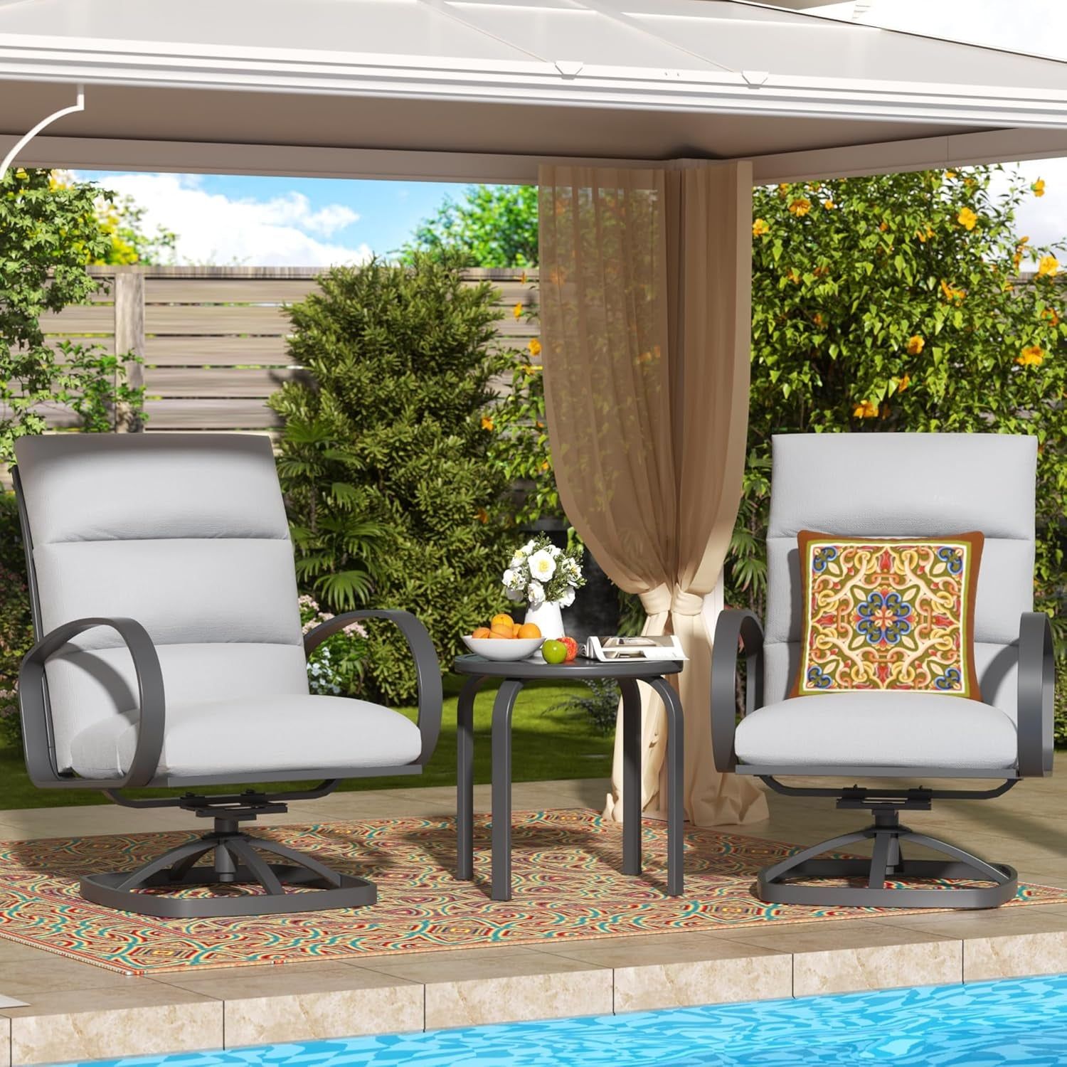 Patio Bistro Set, 3 Piece Outdoor Swivel Glider Rocking Chairs, Conversation Furniture with 2 Highback Rockers, 1 Metal Table and 5&quot; Cushion for Backyard,Porch,Poolside,350Lb.
