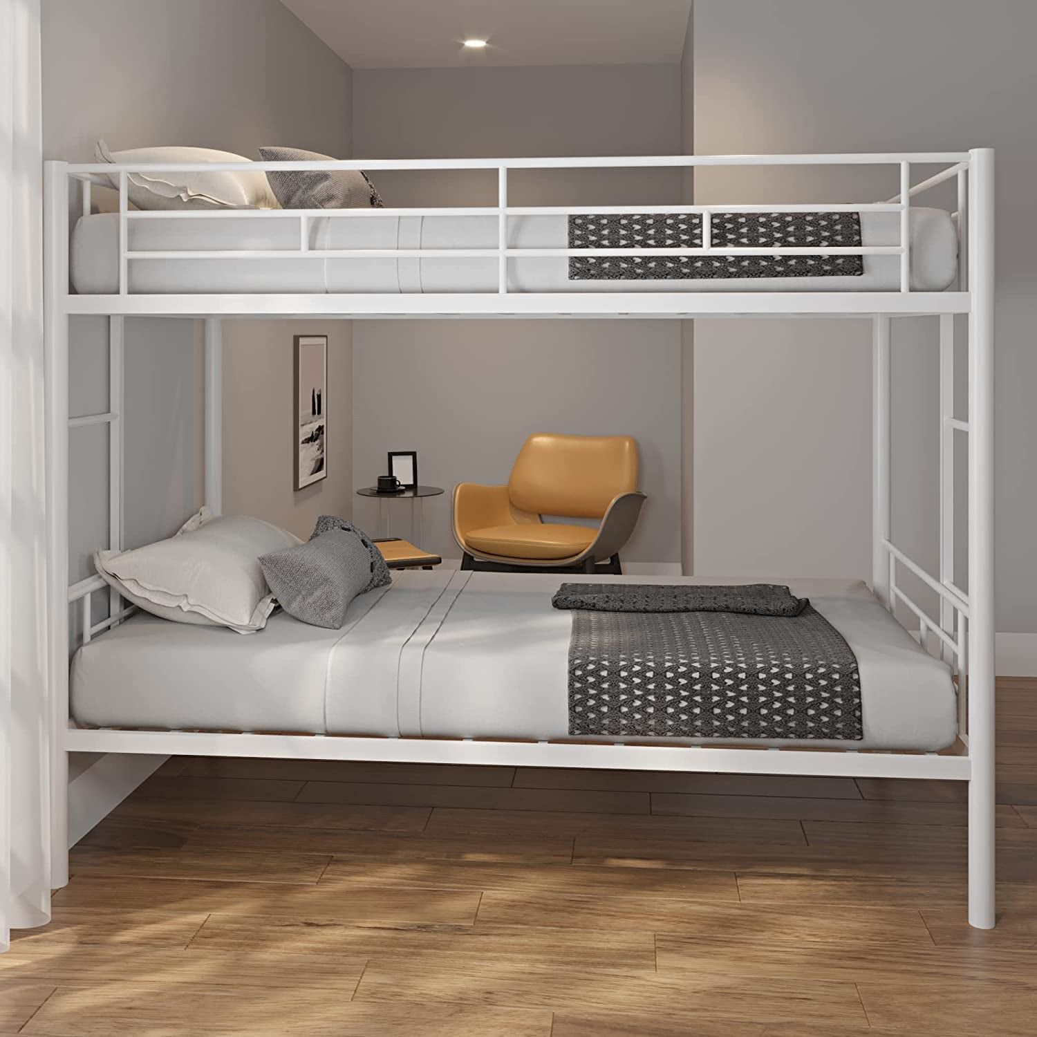 Metal Bunk Bed Twin over Twin, 2 Ladders, Space Saving, White