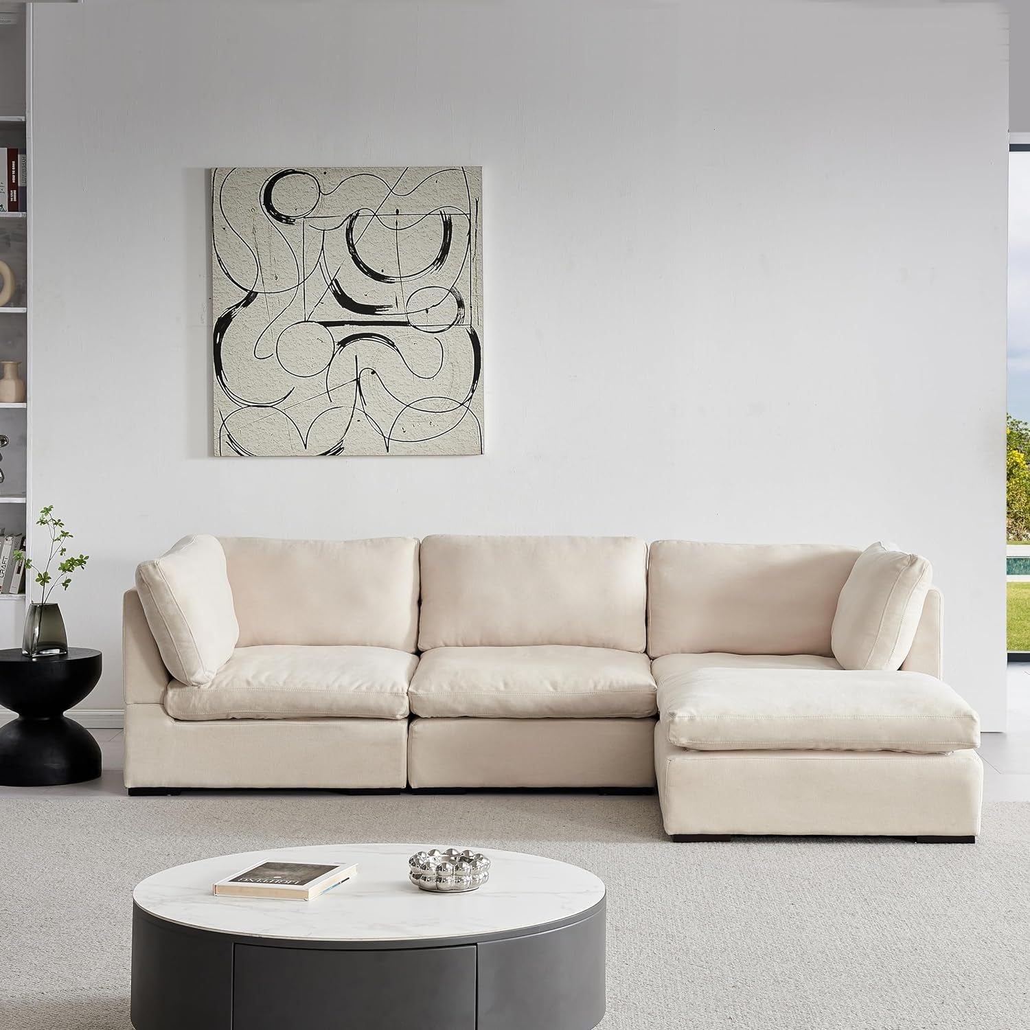 Cloud Modular Sectional Sofa, Comfort 60% down Filled L Shaped Sleeper Sofa Couch Bed with Movable Ottoman for Living Room, Minimalist Wide Deep Seat Convertible Corner Sofa&amp;Couches for Office