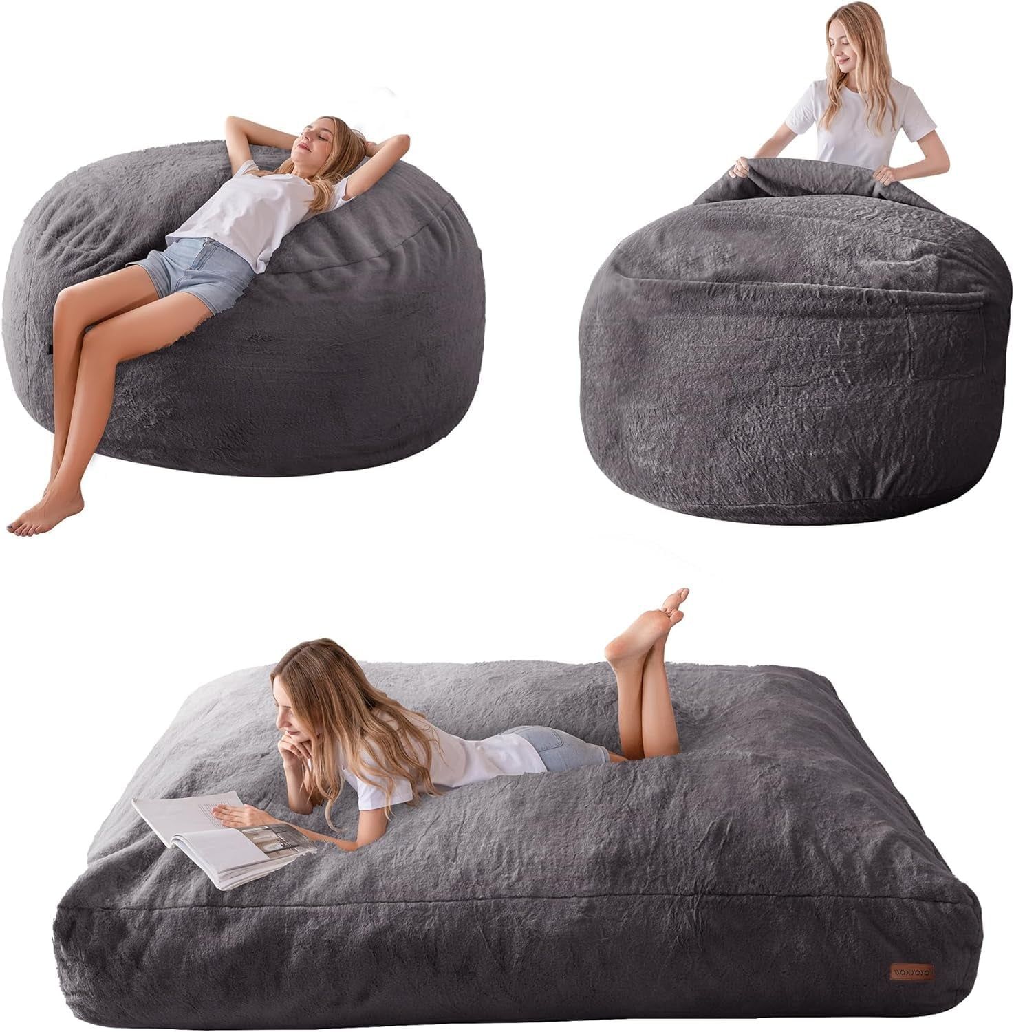 Giant Bean Bag Chair Bed for Adults, Convertible Beanbag Folds from Lazy Chair to Floor Mattress Bed, Large Floor Sofa Couch, Big Sofa Bed, High-Density Foam Filling, Machine Washable