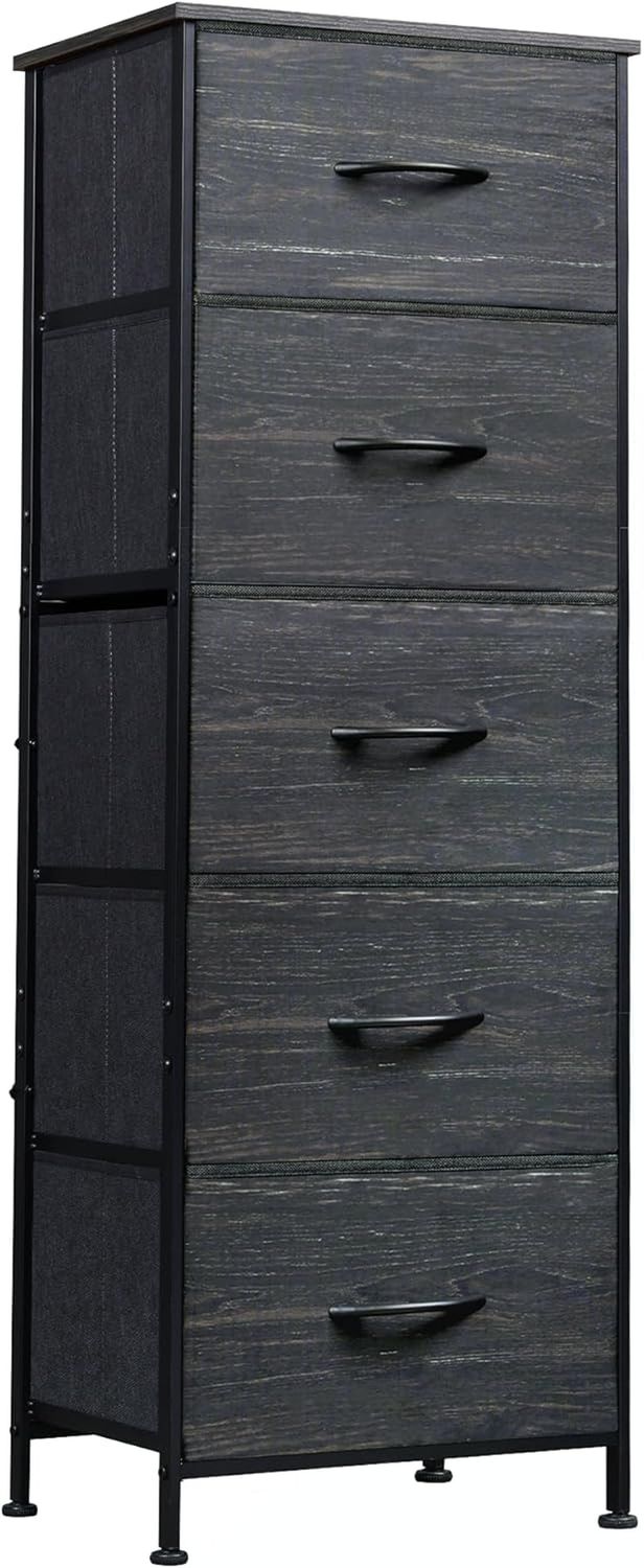 Fabric Dresser, 5-Drawer Tall Dresser for Bedroom, Storage Dresser Organizer with Fabric Bins, Wood Top, Sturdy Steel Frame, Chest of Drawers for Closet, Hallway, Charcoal Black Wood Grain Print