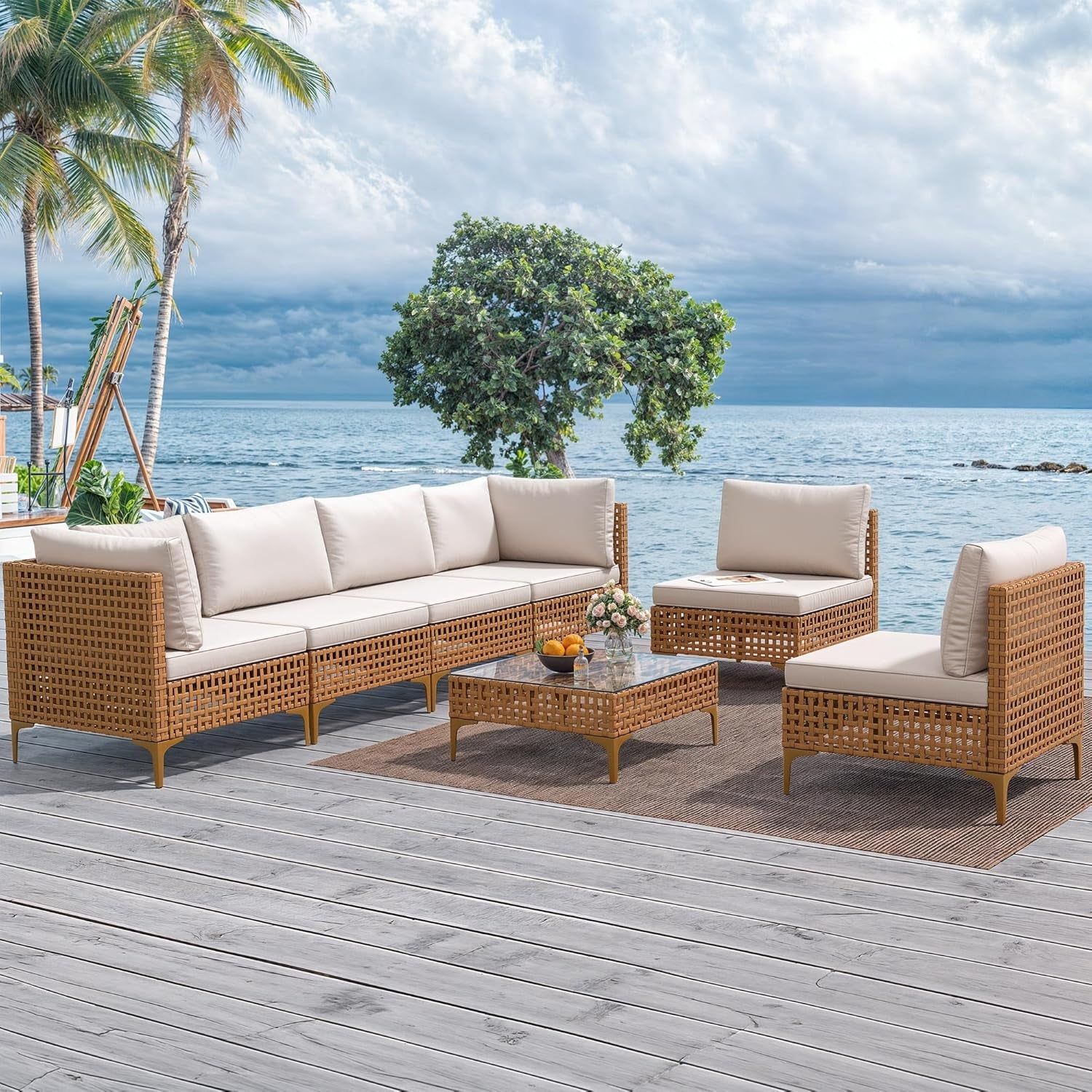 7PCS Patio Furniture Set, All-Weather PE Wicker Patio Conversation Set for Patio Backyard Poolside Porch, Outdoor Sectional Sofa with Coffee Table &amp; Cushions