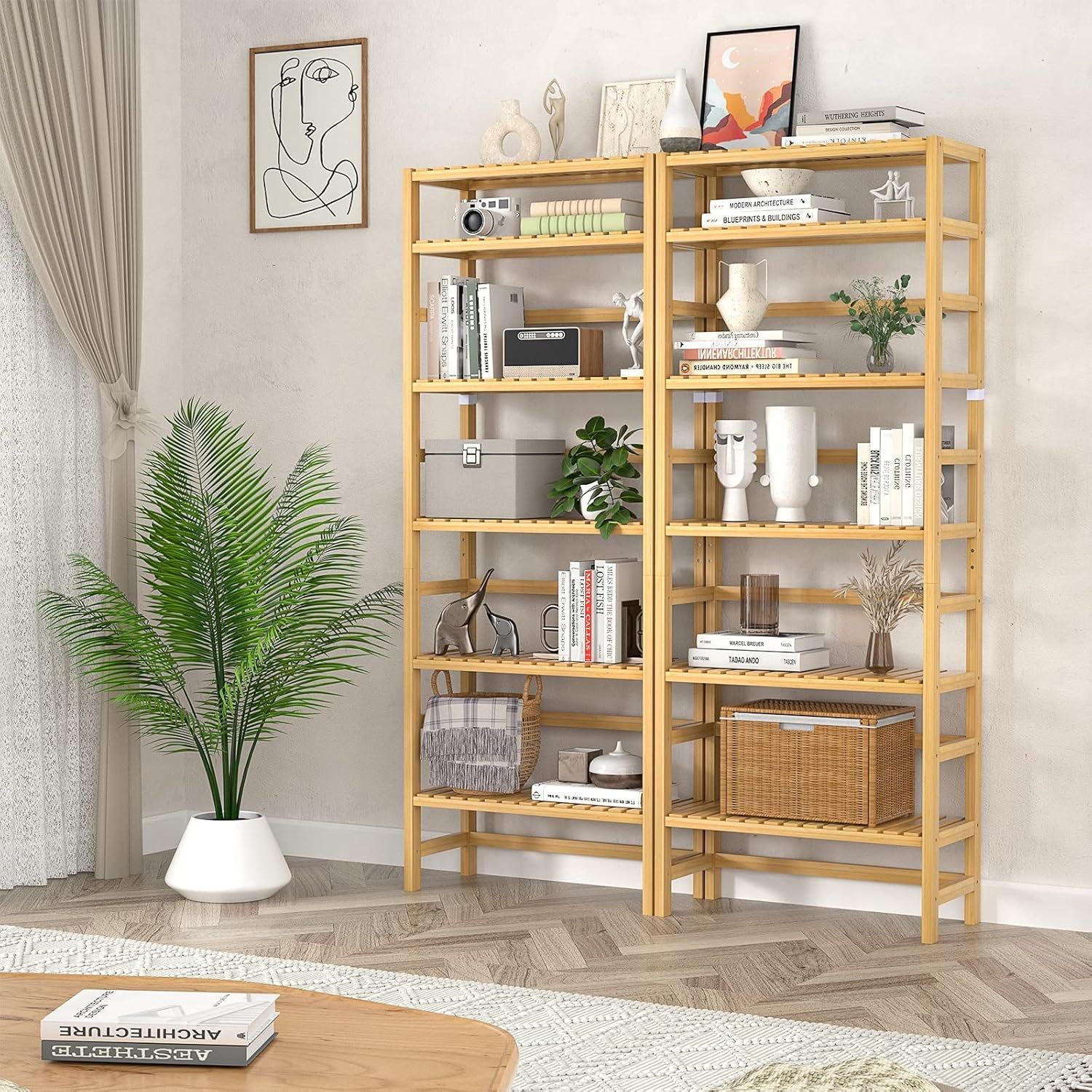 6 Tier Adjustable Bamboo Bookshelf: Tall Shallow Natural
