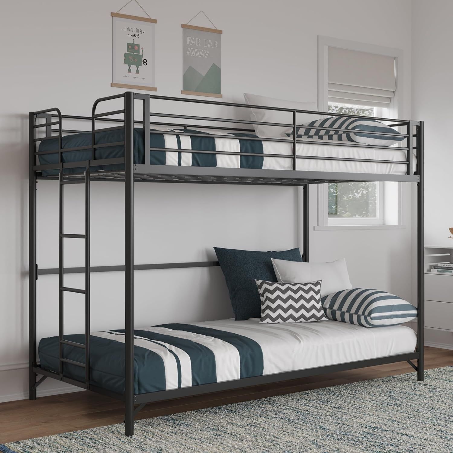 Daven Easy Assembly Metal Bunk Bed for Kids, Teens and Adults, with Ladder, High Guardrail, Metal Slats, Smooth Rounded Edges, No Boxspring Required, Twin-Over-Twin, Black
