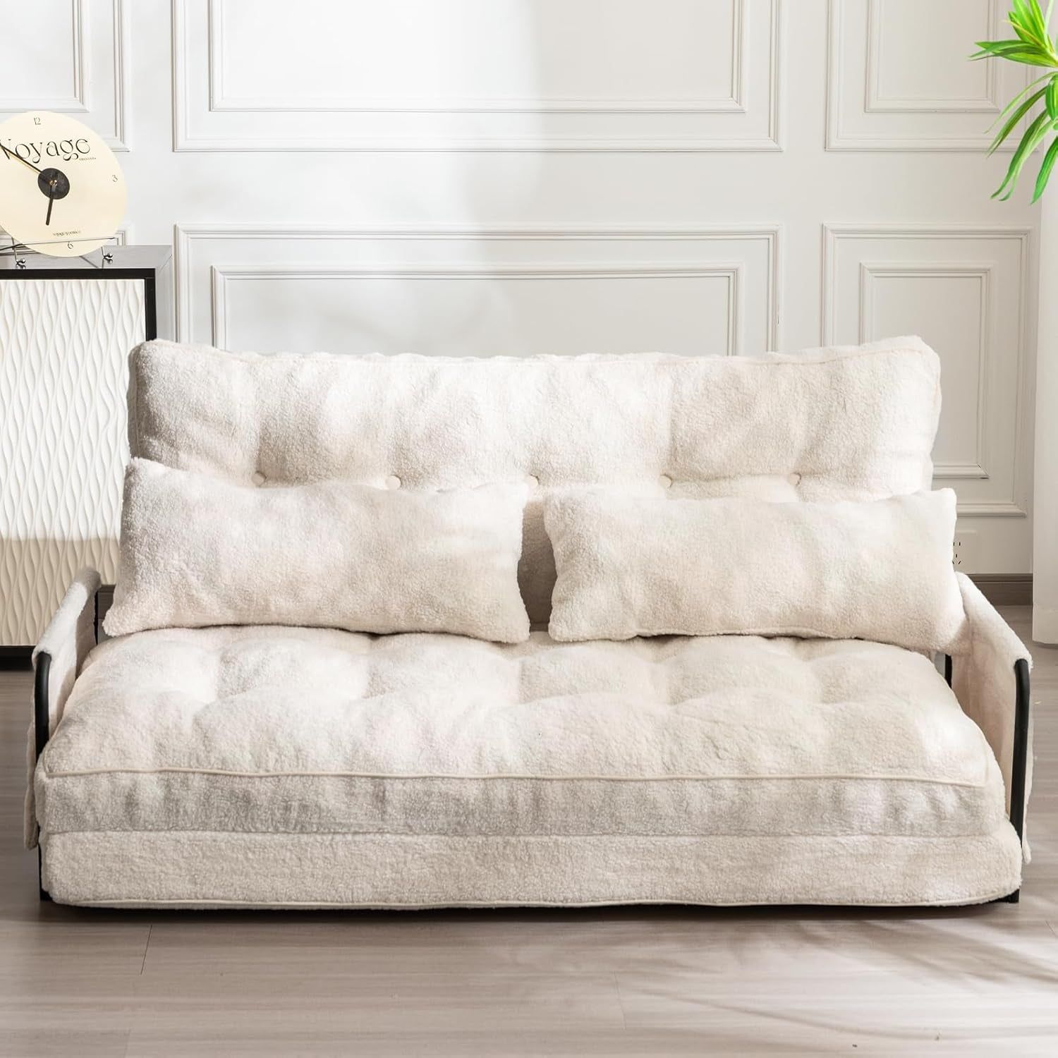 Adjustable Floor Sofa Couch with 2 Pillows, 5-Position Boucle Bean Bag Bed, Convertible Lazy Sofa Sleeper Bed with Armrest, Versatile Floor Seating Sofa for Living Room, Beige, Double