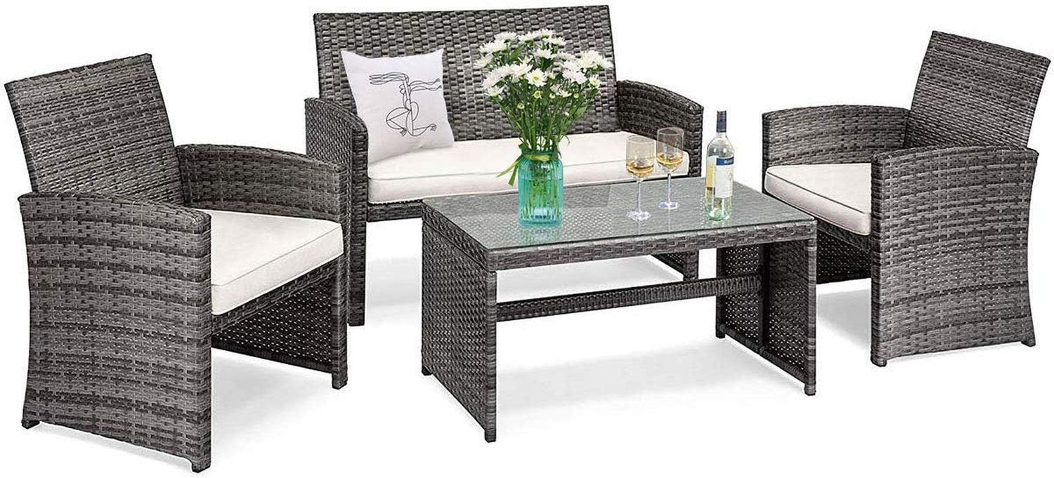 4 PCS Wicker Patio Conversation Set, Outdoor Rattan Sofas with Table Set, Patio Furniture Set with Soft Cushions &amp; Tempered Glass Coffee Table for Poolside Balcony