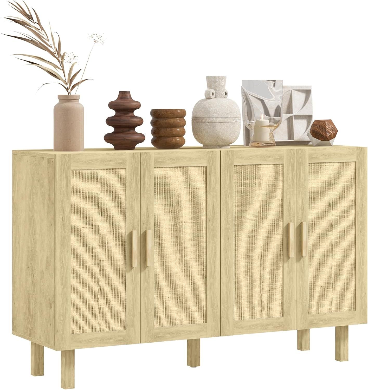 Sideboard Buffet Cabinet, Kitchen Cabinet, Coffee Bar Cabinet with 4 Rattan Doors and Adjustable Shelves, Natural