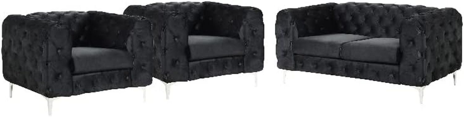 3-Piece Couches Velvet Fabric Living Room Furniture Set -Black