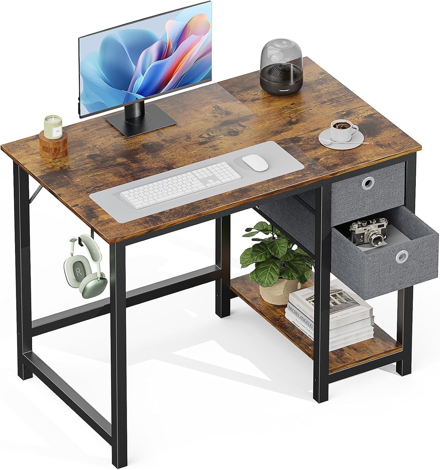 Small Computer Desk with Drawers 40 Inch Office Writing Work Kids Study 2-Tier Wood Corner Table with Storage Drawers Shelf for Bedroom Home Office - Rustic Brown