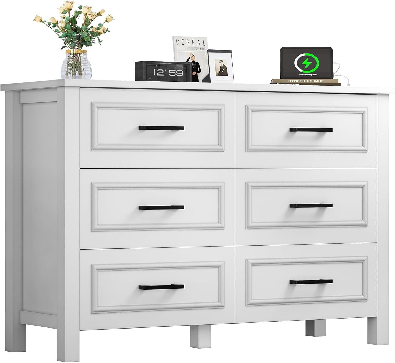 6-Drawer Dresser with Built-In Power Outlet, Wood Dresser TV Stand with 6 Large Drawers and Bar Handles, White Dresser Chest of Drawers for Living Room, Hallway, Entryway