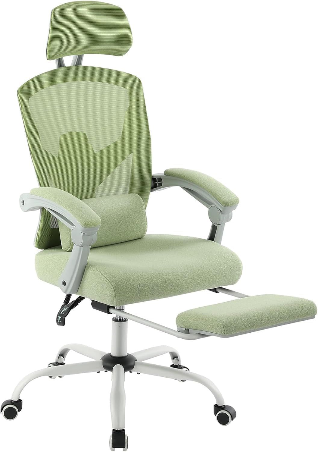 Home Office Desk Chair with Footrest, High-Back Mesh Rolling Swivel Reclining Chairs with Wheels, Comfortable Headrest, Lumbar Support, Comfy Arms for Home, Office, Gaming, Student, Green