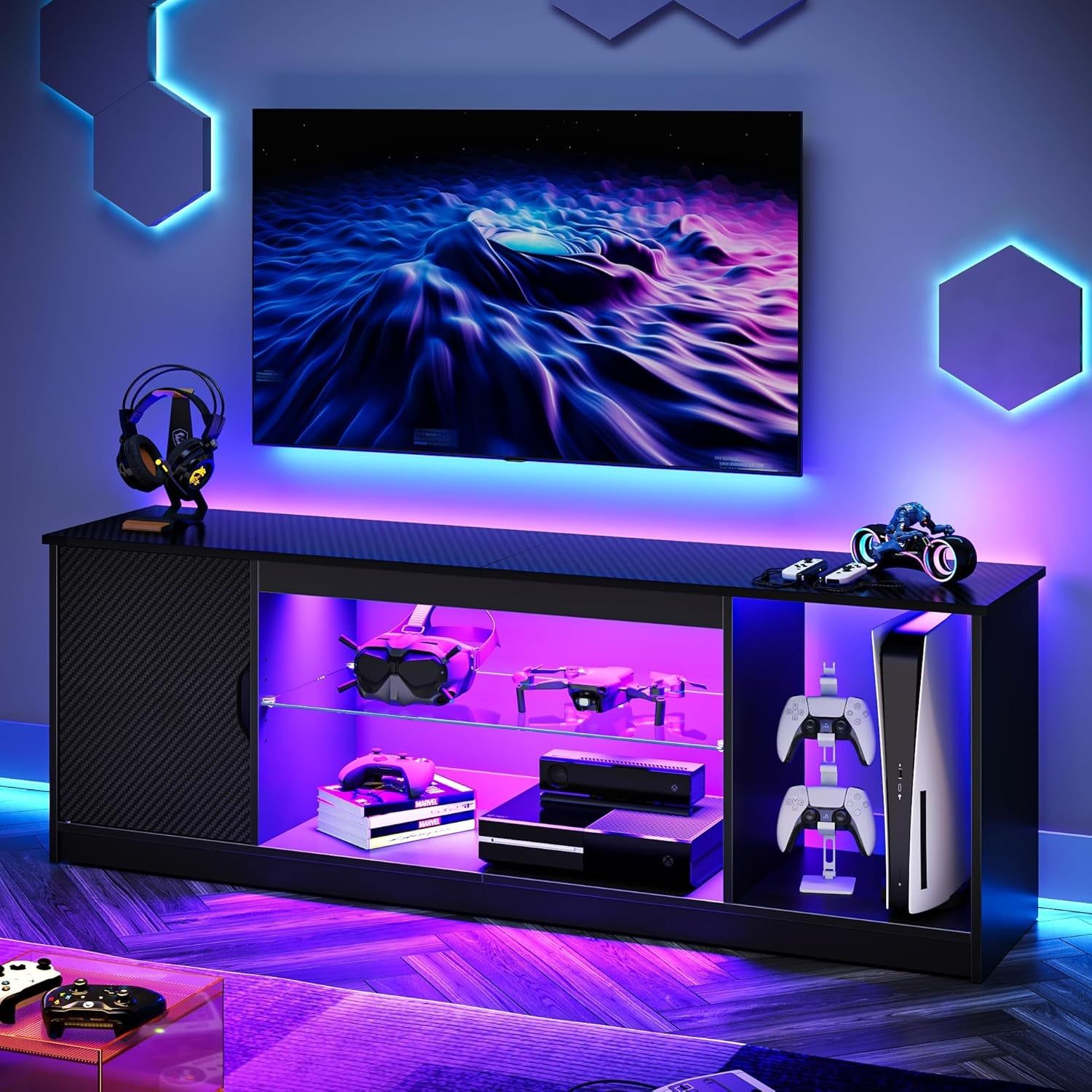 LED TV Stand for 55/60/65 Inch TV, Gaming Entertainment Center with Cabinet for PS5, Xbox,Modern TV Cabinet with Adjustable Glass Shelves for Living Room, Bedroom 58 Inch,Black