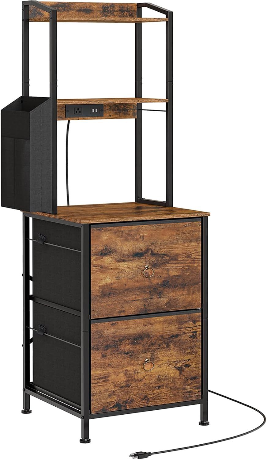 2-Drawer File Cabinet, Filing Cabinet with Charging Station, 3-Tier Tall Office Cabinet with Open Shelf, Filing Cabinet for Home Office, A4/Letter-Sized Files, Rustic Brown and Black BF24UWJ01