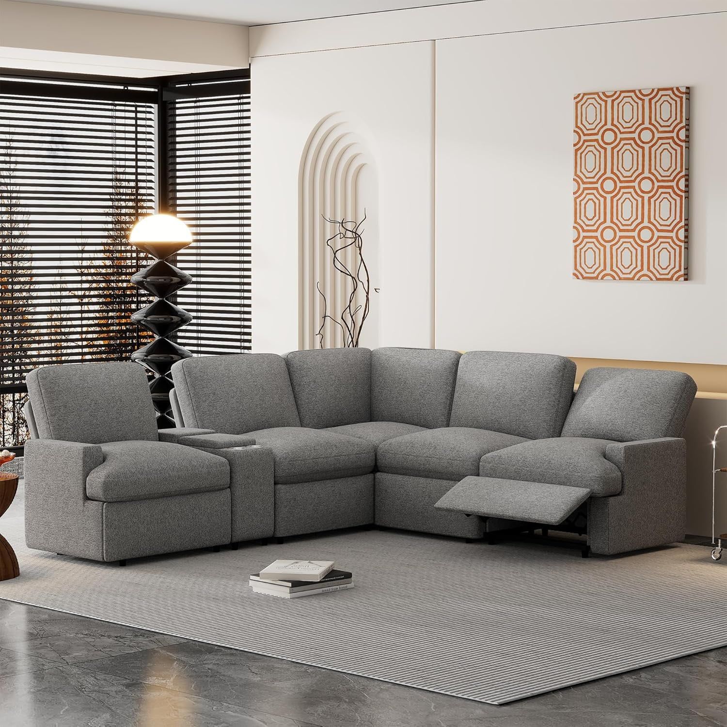 Power Recliner Corner Sofa with Storage Box, 104&#39;&#39; Sectional Couches with USB Ports, Cup Holders and Power Socket, Home Theater Reclining Sofa for Living Room Office Apartment Bedroom, Grey