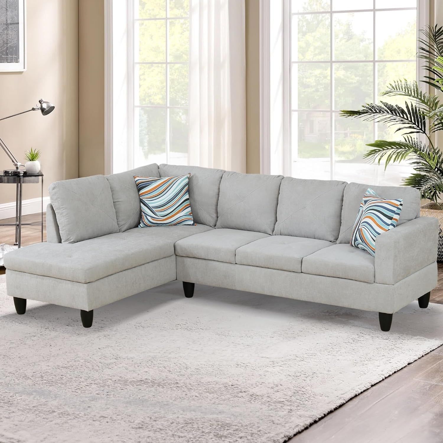 L-Shaped Sectional Sofa Set Luxurious Flannelette 5-Seat Couches, Durable and Comfortable, Space-Saving Design Perfect for Modern Living Room, Apartment, Grey White