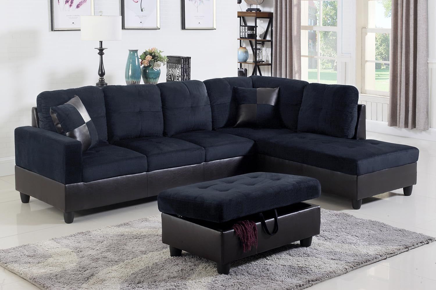 Midnight Blue Sectional Couch for Living Room Set, 105 Inch Sectional Sofa L Shaped Couch with Storage Ottoman/Microfiber Fabric/Facing Right Chaise