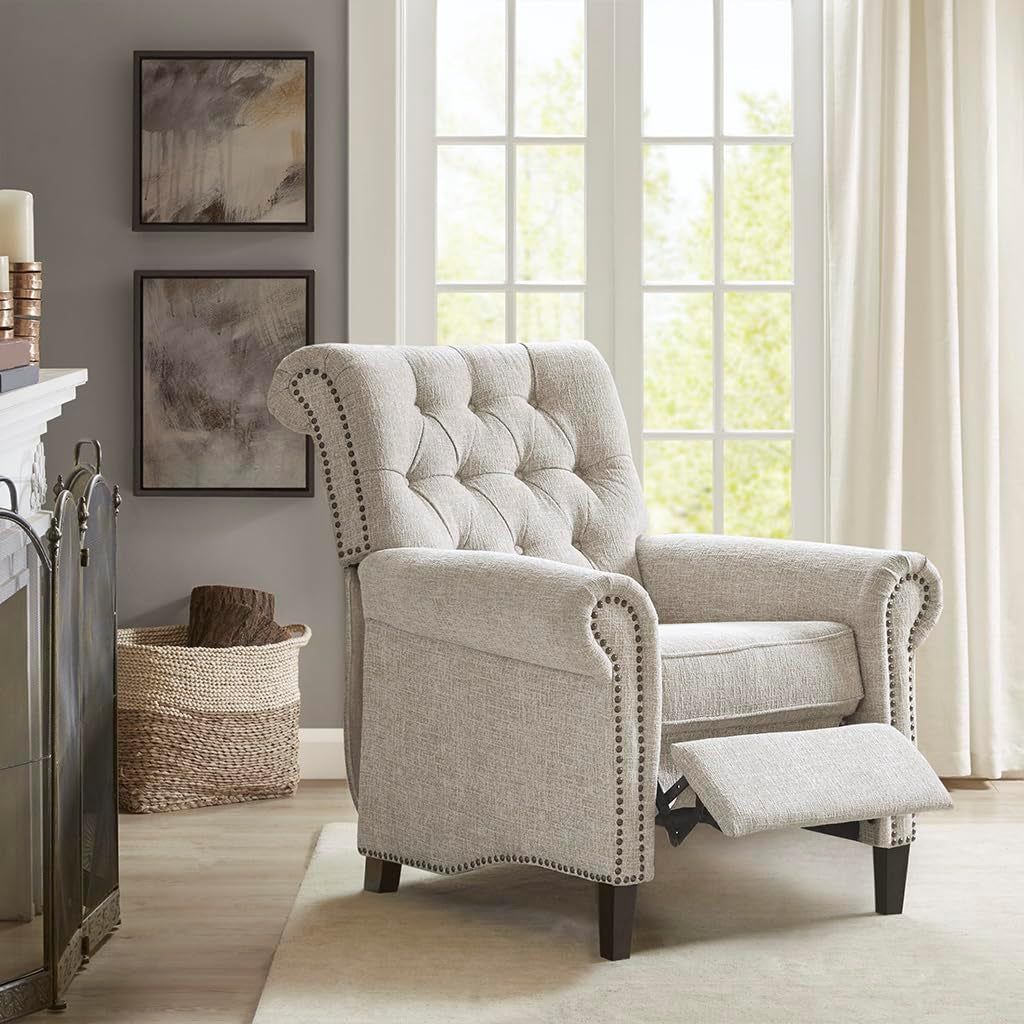 Aidan Recliner Chair - Solid Wood, Plywood, Roled Back Button Tufted Accent Armchair Modern Classic Style Family Room Sofa Furniture, Cream