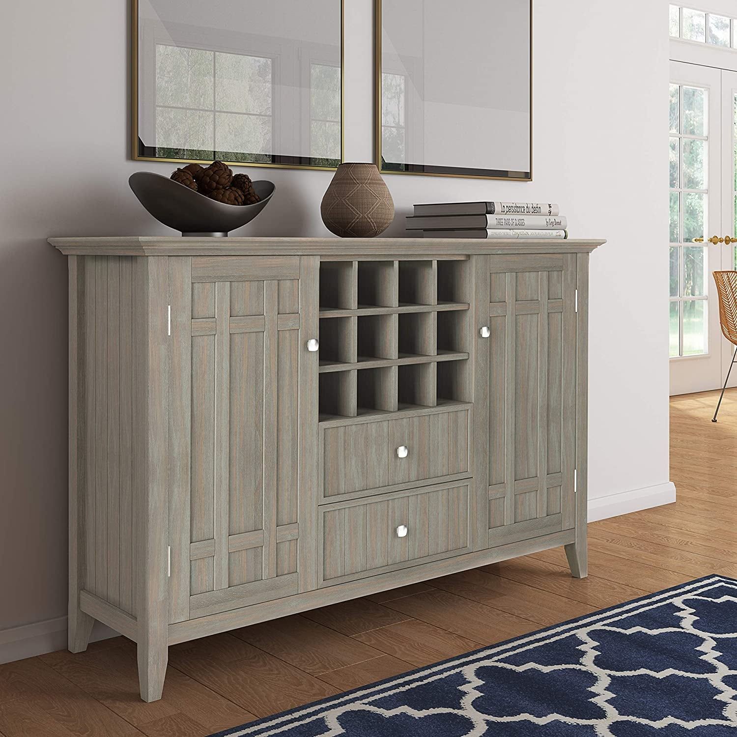 Rustic Gray Pine Wood Sideboard Buffet with Wine Storage