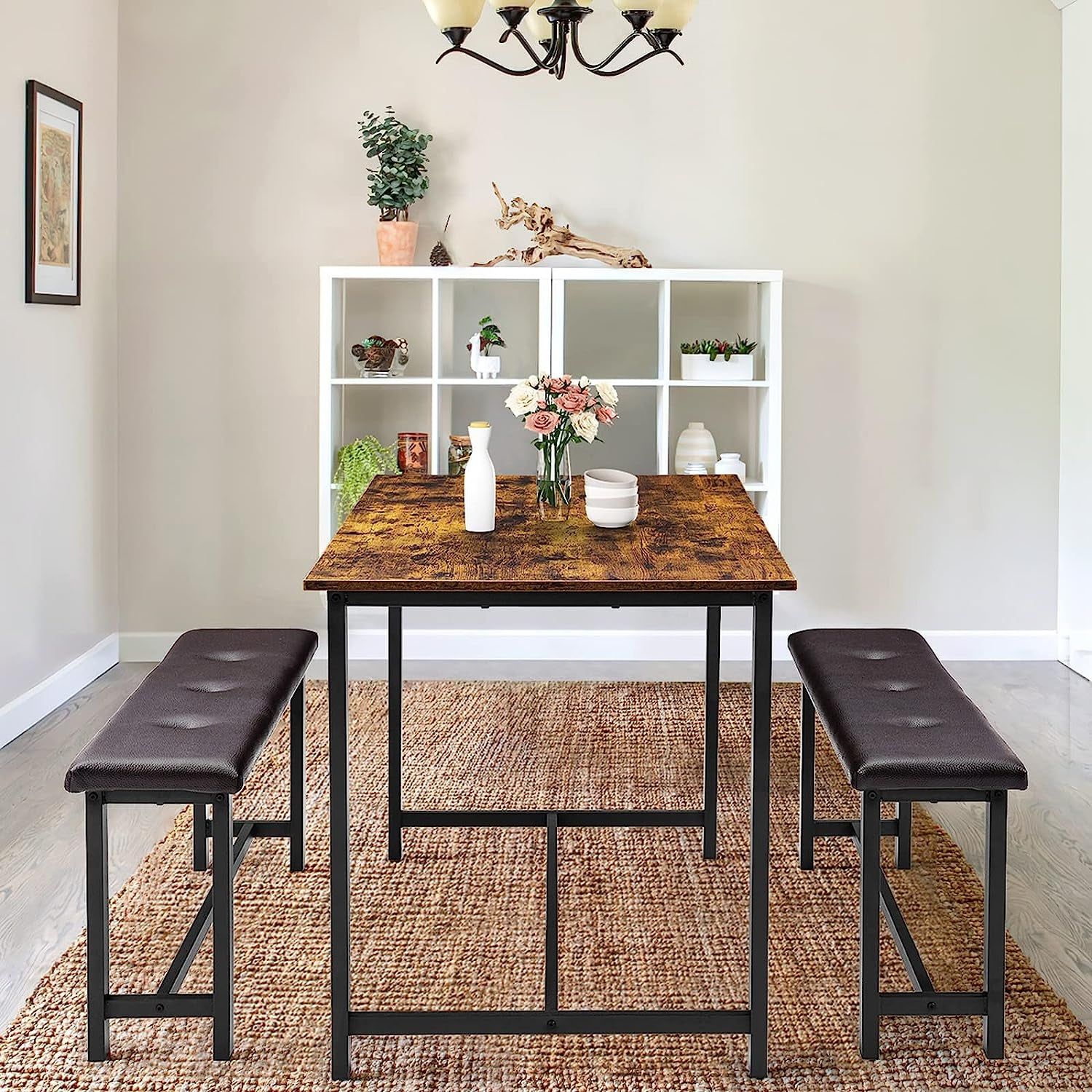 3-Piece Rustic Brown Dining Table Set for 4 with Benches