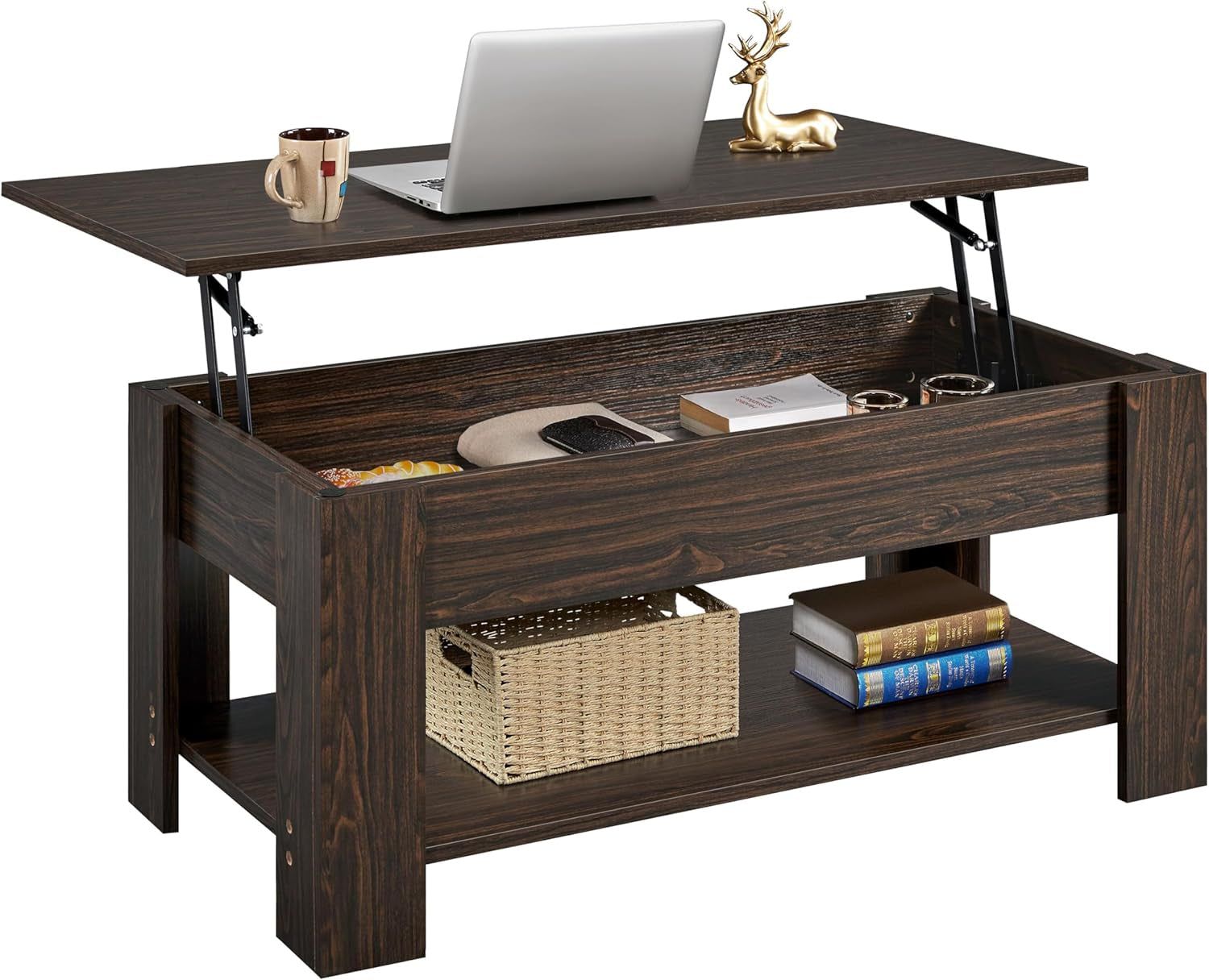 Lift Top Coffee Table with Hidden Compartment and Storage Shelf, Rising Tabletop Dining Table for Living Room Reception Room, 47.5In L, Espresso