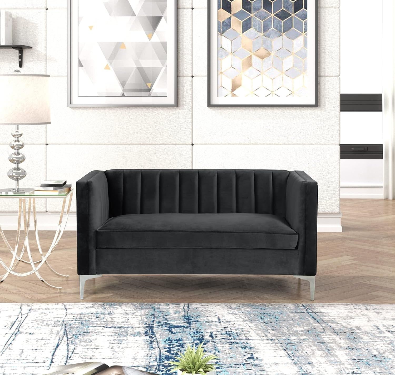 Velvet Loveseat Home Theater Seating 55&quot; W Upholstered Modern Chesterfield Loveseat Sofa Furniture for Living Room Office Bedroom Apartment, Black