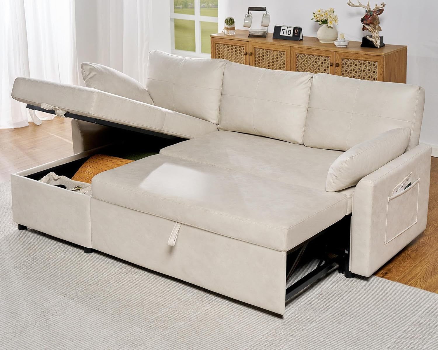 Sleeper Sofa, Sofa Bed- 2 in 1 Pull Out Couch Bed with Storage Chaise, Sofa Sleeper Couch for Living Room, Off-White Leathaire Sofa