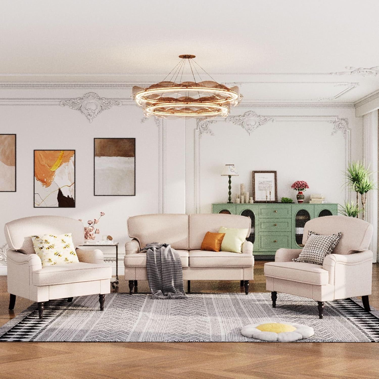 3 Piece Living Room Furniture Set, 1 Loveseat &amp; 2 Accent Chairs, Linen Fabric Comfy Sectional Sofa Couch for Living Room, Bedroom, Off-White