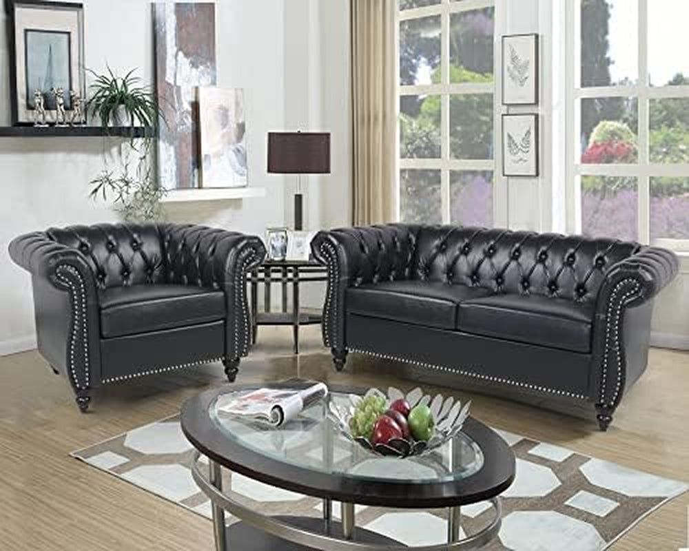 2 Pieces of Living Room Furniture Sofa Sets,Modern Contemporary Tufted Button Faux Leather Accent Club Chair&amp;Chesterfield Loveseat Sofas Set with Nailhead Trim Scroll Arms for Home,Black