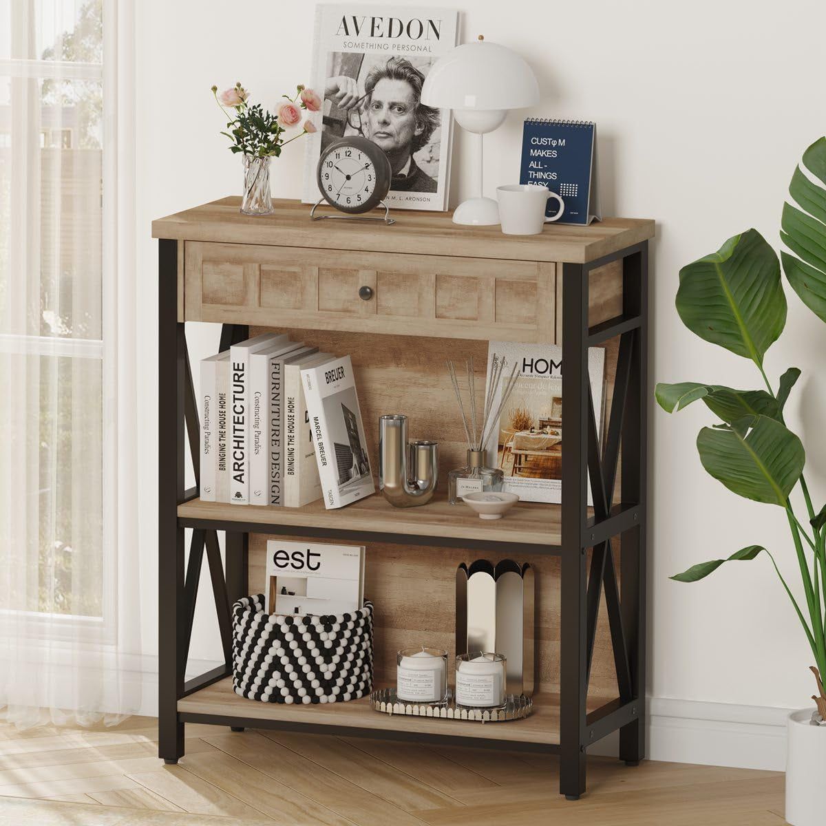 Rustic Bookshelf with Drawer, Industrial Wood and Metal Bookcase, Small Book Shelf and Low Book Case for Small Space (Rustic Oak)