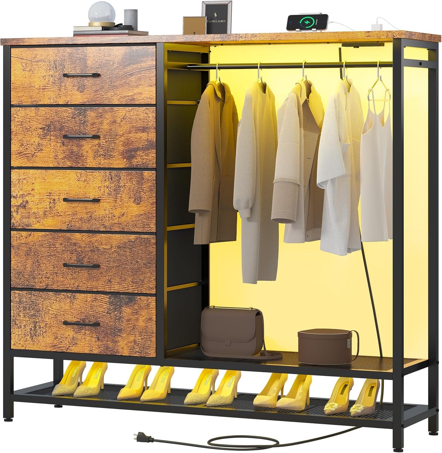 Dresser for Bedroom, Dresser with Hanging Rack Led Lights and Charging Station, Bedroom Dresser with 5 Fabric Chest of Drawers with PU Finish Storage Organizer, for Living Room Kids Room Closet, Brown