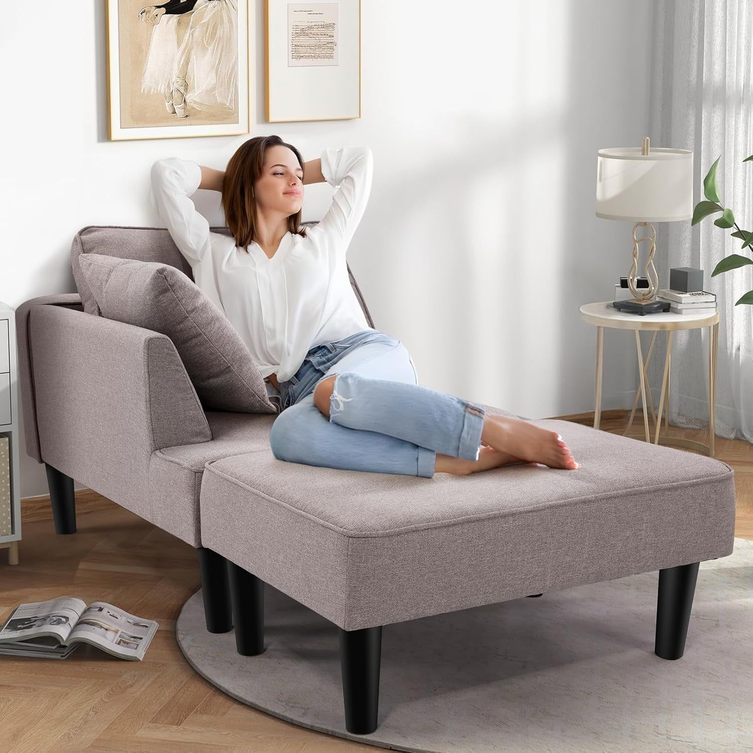 Recliner Sofa Bed Modular Sectional Convertible Sofa for Small Space, Flexible Combination Corner Couch with Ottoman, Modern Flax Fabric Loveseat for Apartment Sleeping Room Living Room,Right Armrest
