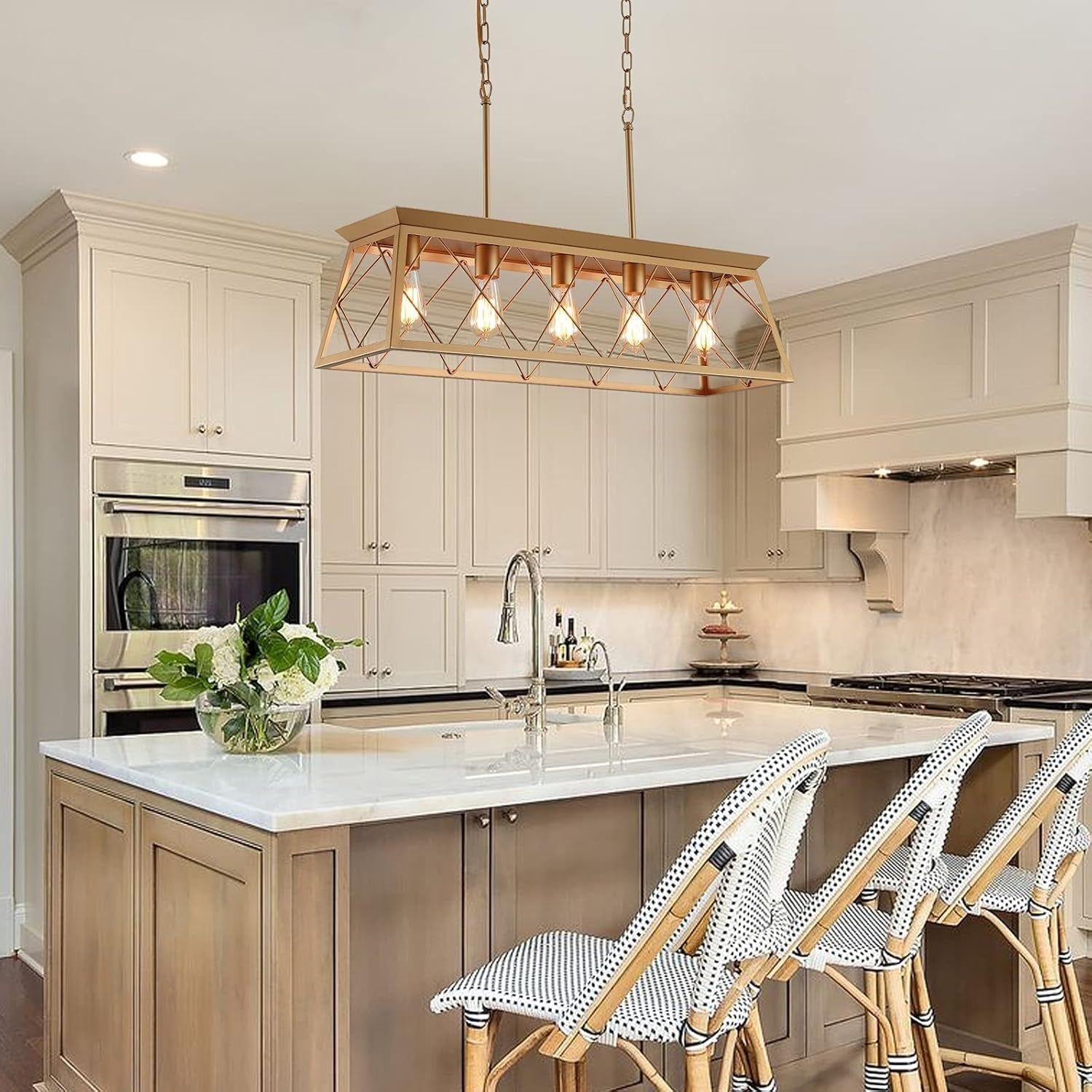 Modern Farmhouse Chandelier Light Fixtures,5-Lights Gold Linear Industrial Light Fixtures for Kitchen Island Bar Dining Table UL Listed