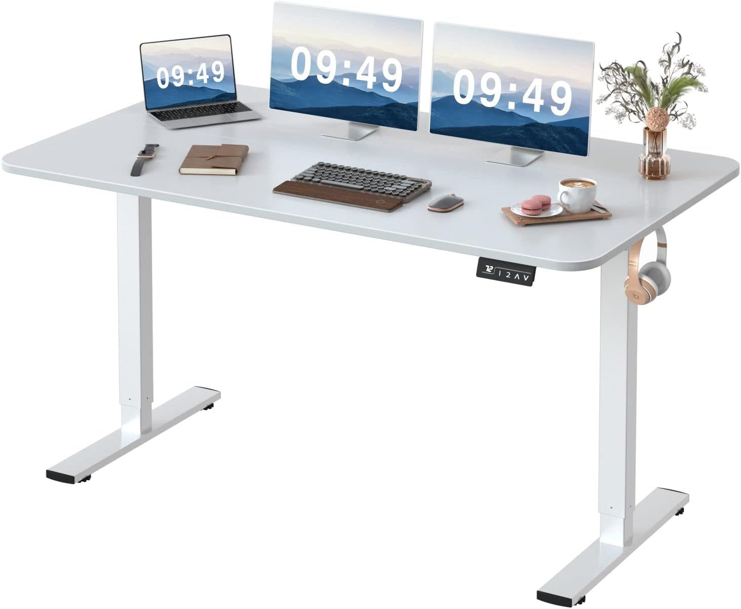 Electric Height Adjustable Standing Desk Large 55 X 24 Inches Sit Stand up Desk Home Office Computer Desk Memory Preset with T-Shaped Metal Bracket, White