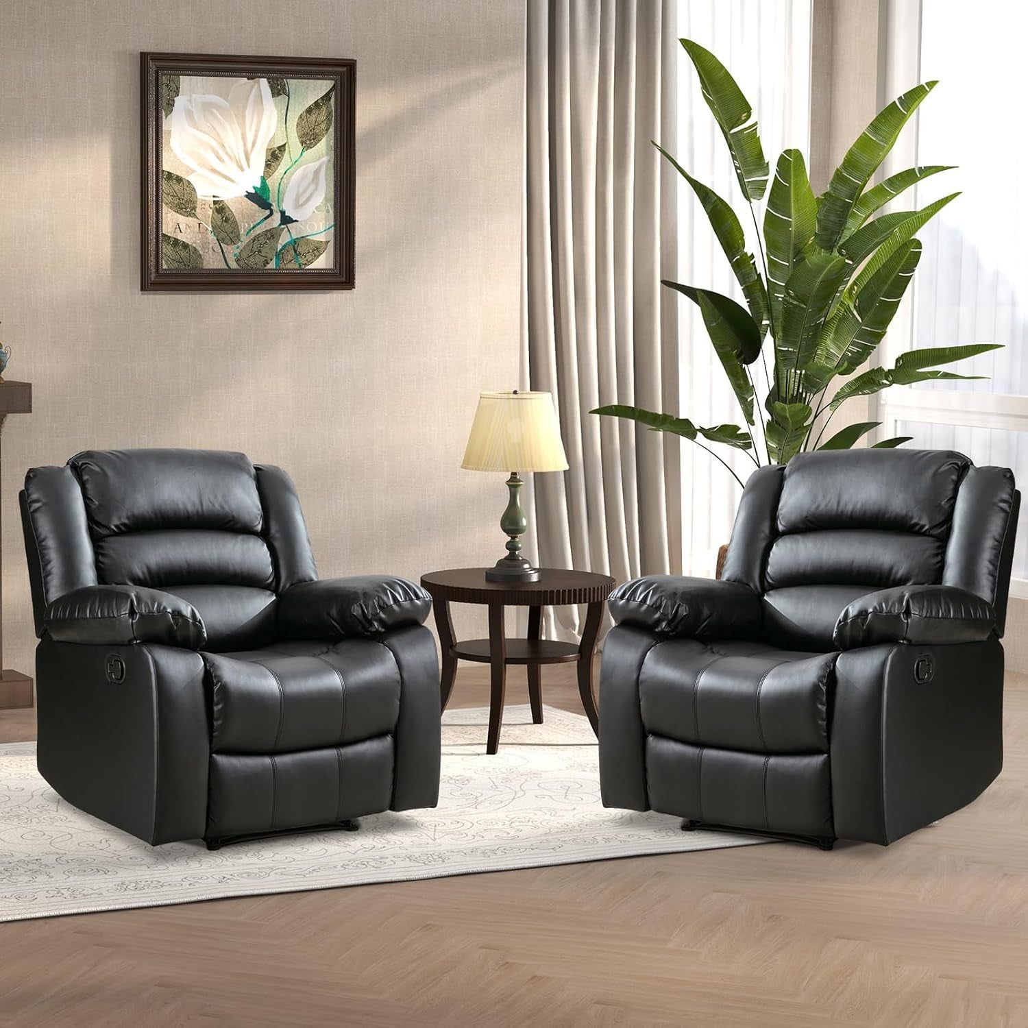 Black Recliner Chair Set of 2, with Overstuffed Arm and Back, Breathable Faux Leather Manual Reclining Chairs, Living Room Single Sofa Recliners